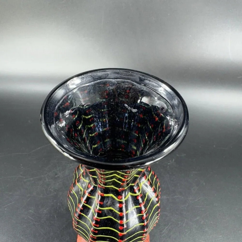 Hand Blown Studio Art Glass Vase Halloween‎ Decor Artist Signed Red Black Spider